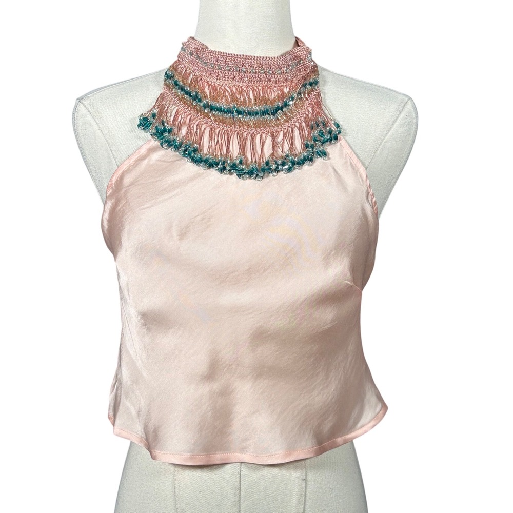 My Beachy Side Emily in Paris Pink Beaded Crochet Halter Top Medium
